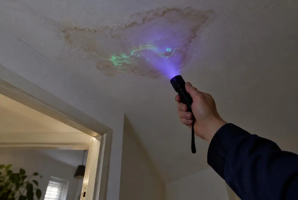 Lekdetectie Amstelveen – kleurstof controleren op het plafond met uv-licht