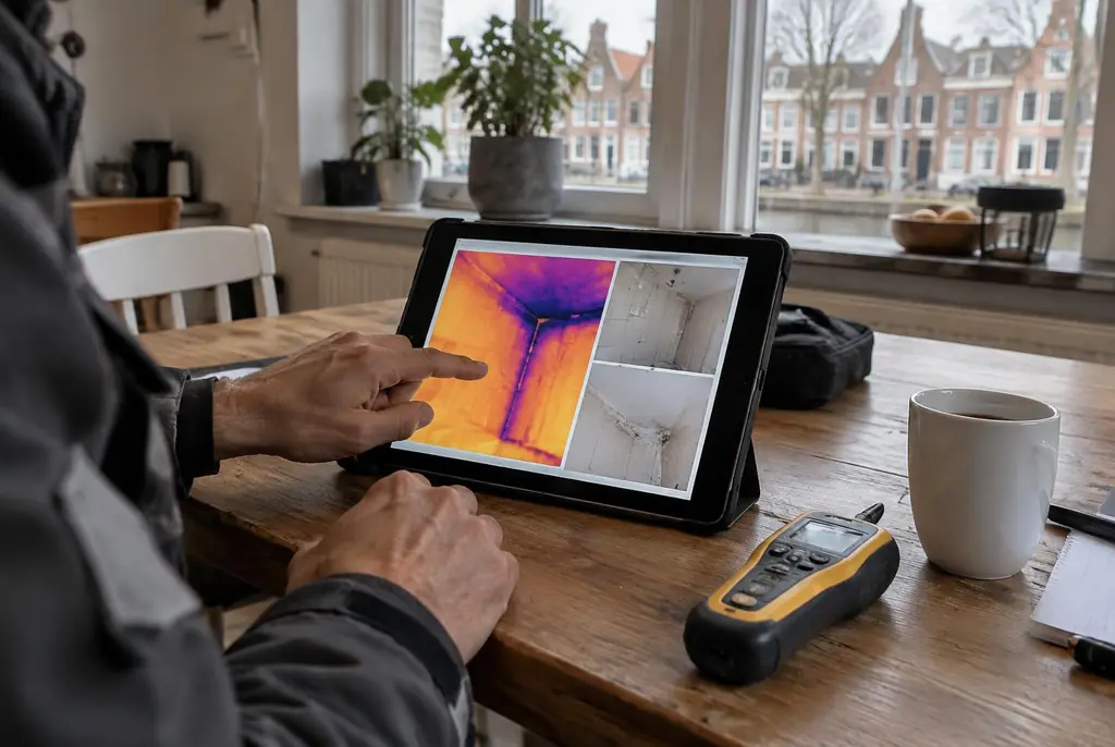 Lekdetectie Amstelveen – lekdetectierapport met warmtebeelden en foto's op een tablet
