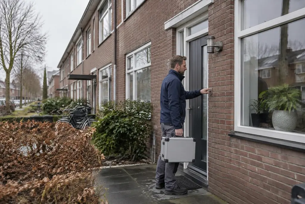 Lekdetectiespecialist met meetkoffer bij de voordeur van een woning in Amstelveen